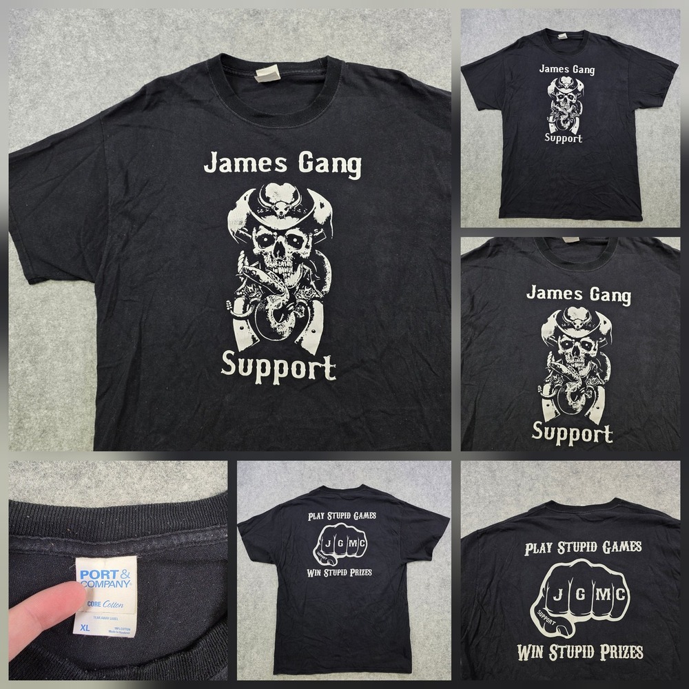 James Gang Support T Shirt Mens XL Black Port & Company Biker Skull Graphic Tee